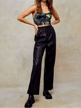 Topshop Black Faux-Leather Straight-Leg Drawstring Pants